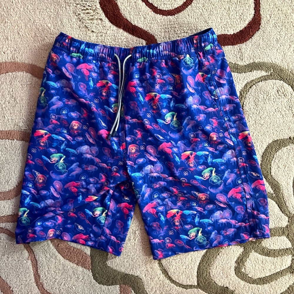 peter millar blue swim trunks + koozie